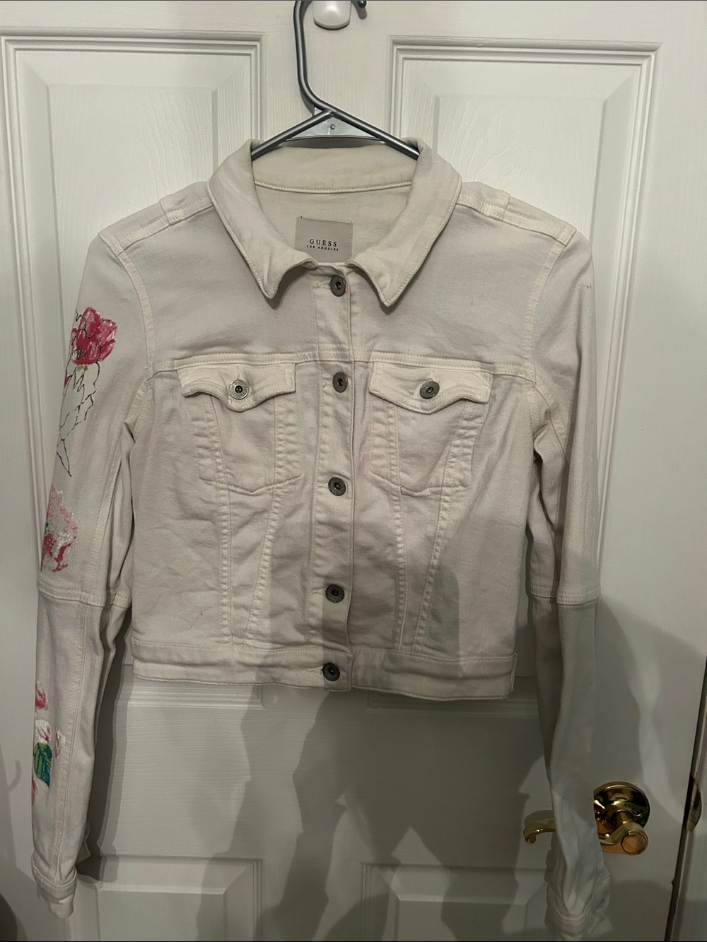 RARE vintage 90s GUESS Cream Denim Jacket with Pink Floral Sleeve Embroidery